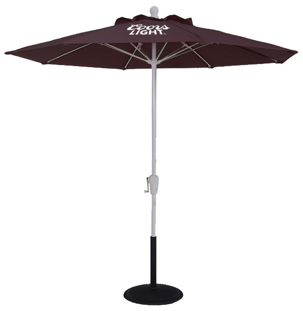 Purple Premium Umbrella with fiberglass rods and silver powder coated aluminum pole with Coors Light branding, crank lift and black base.
